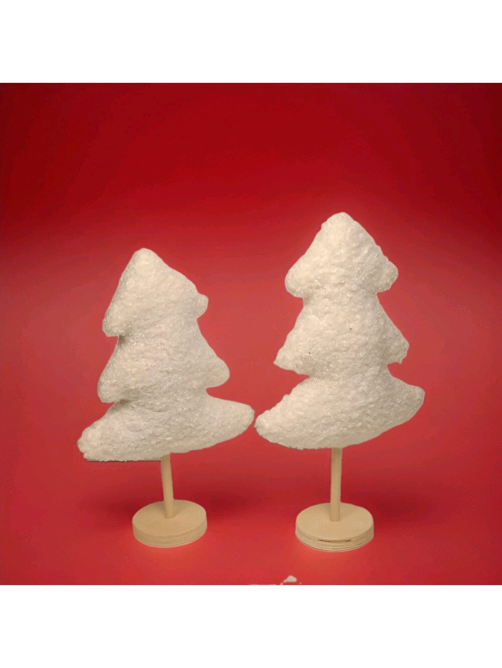 Set of 2 White Flocked Christmas Tree Figurines Textured on Wood Stands